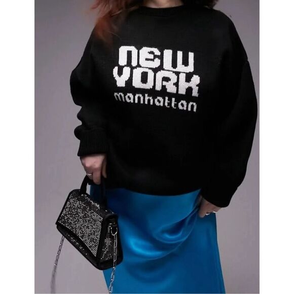 Topshop Curve Knit New York Sweater in Monochrome Black Size 8-10 Medium‎ - Picture 2 of 11